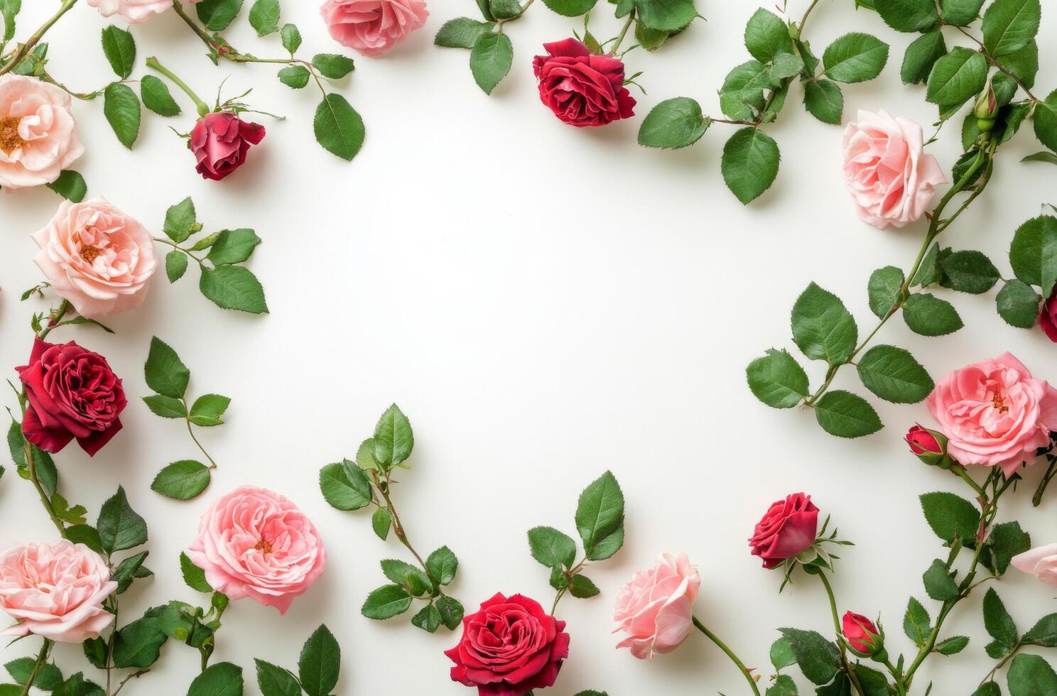 Beautiful arrangement of red and pink roses with green leaves on a light background photo