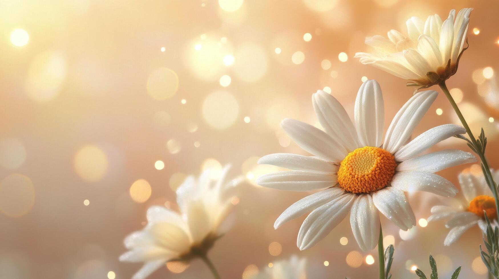 Delicate white daisies bloom in soft sunlight with a dreamy bokeh background in springtime photo