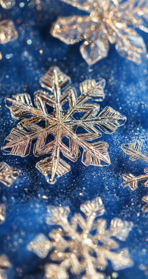 Intricate golden snowflakes adorn a deep blue background during the winter season photo