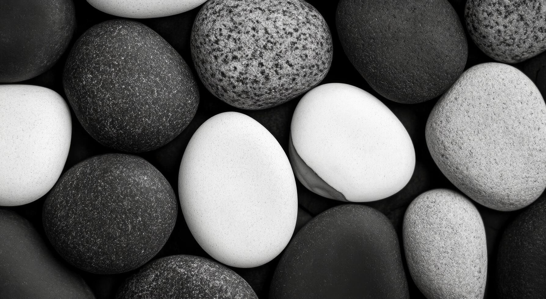 Varied collection of smooth stones in black and white, showcasing natural textures and shapes photo