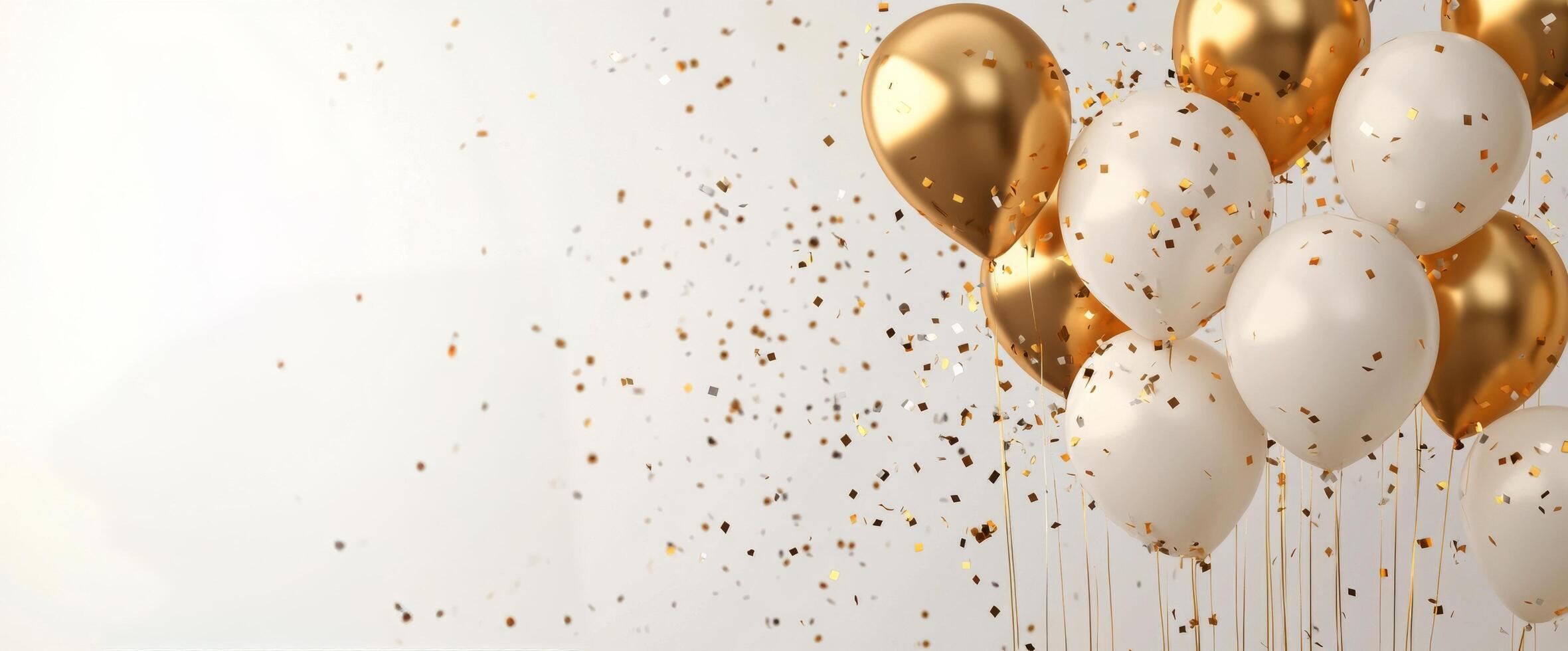 Celebrate with golden and white balloons surrounded by sparkling confetti at a festive event photo