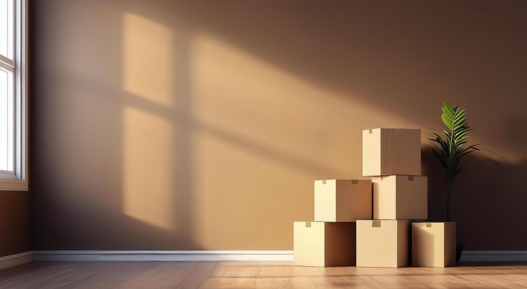 Bright and airy room with stacked boxes and a plant in warm afternoon sunlight photo