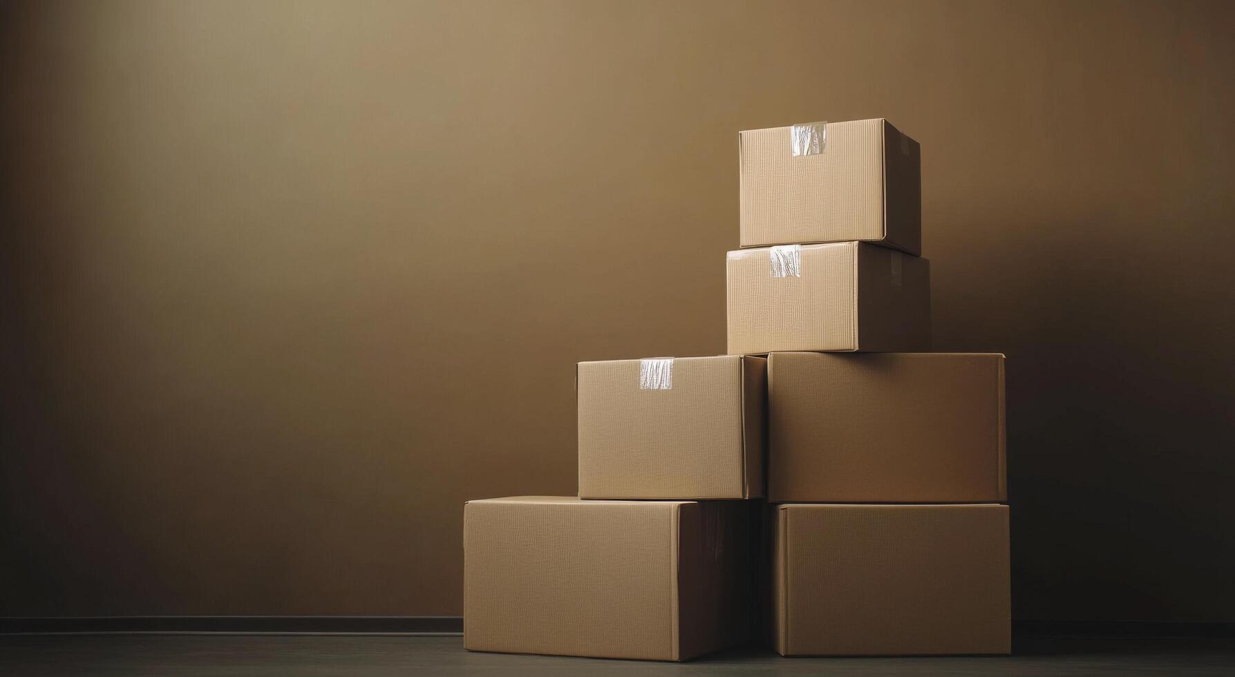Bright and airy room with stacked boxes and a plant in warm afternoon sunlight photo