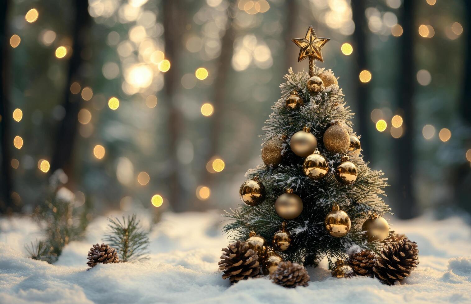 Beautifully decorated Christmas tree in a snowy forest with glowing lights at dusk photo