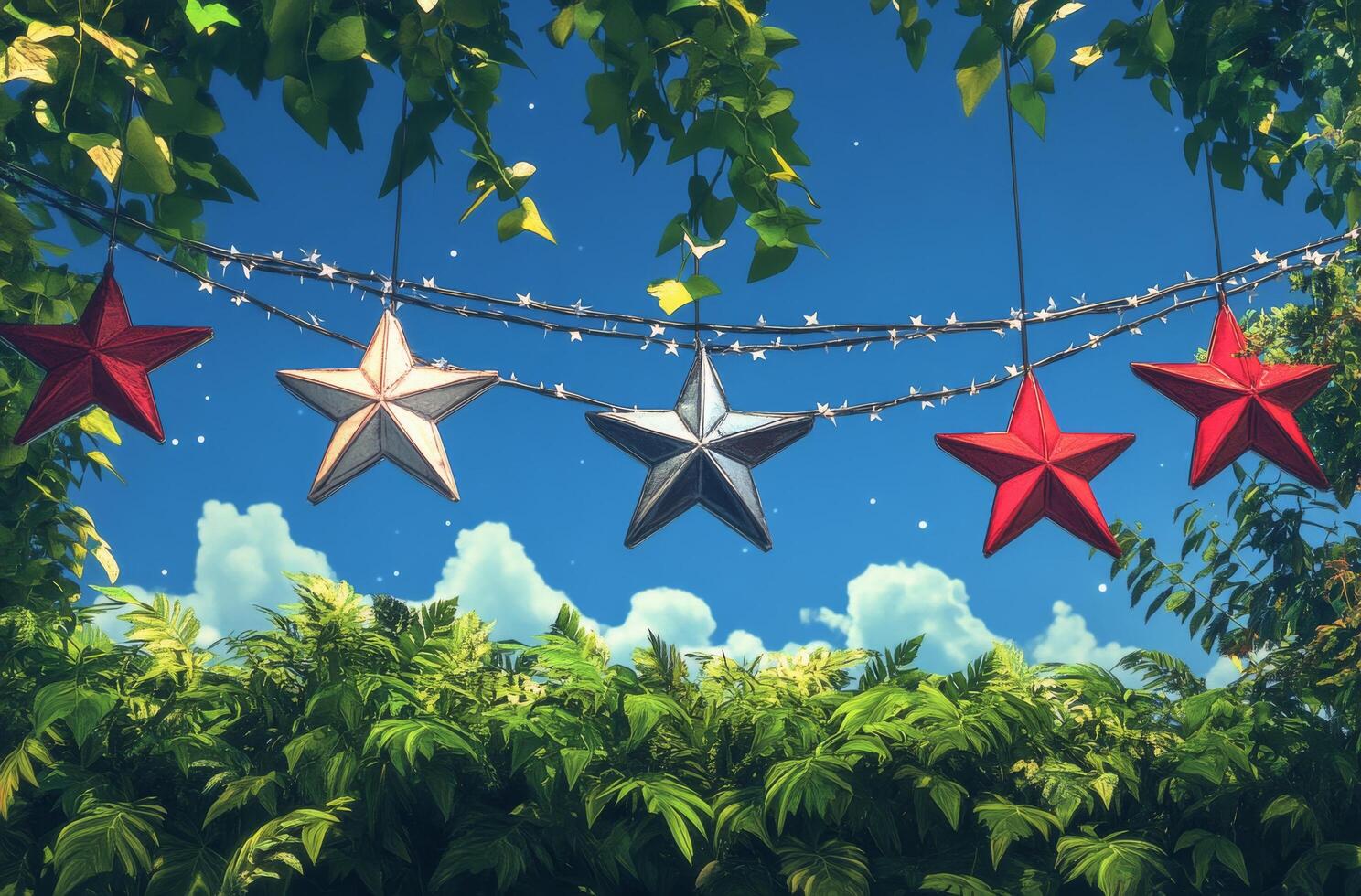 Colorful hanging stars in a serene forest setting during daylight photo