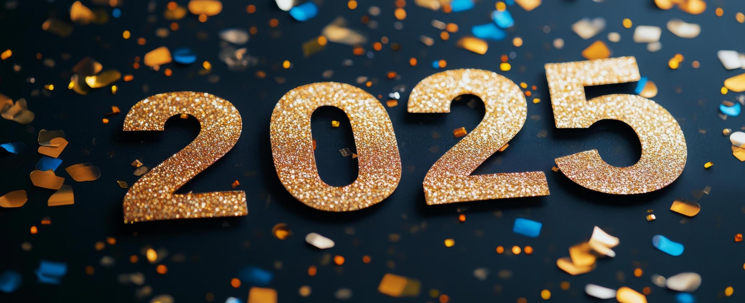 Celebration of the New Year 2025 with golden confetti on a dark background photo