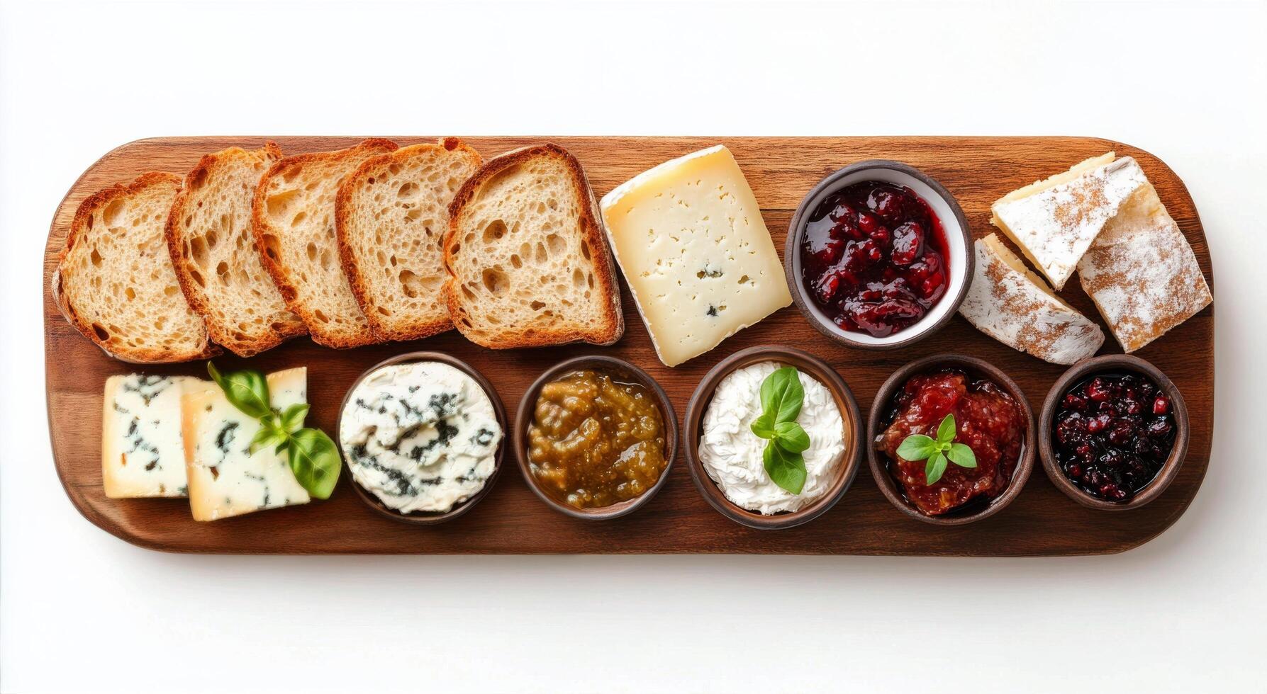 Artfully arranged selection of cheeses, spreads, and bread on a wooden board for a gourmet tasting photo
