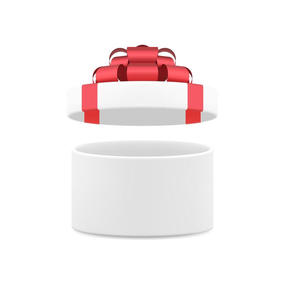 White open circle gift box with luxury red bow ribbon festive present 3d icon realistic vector