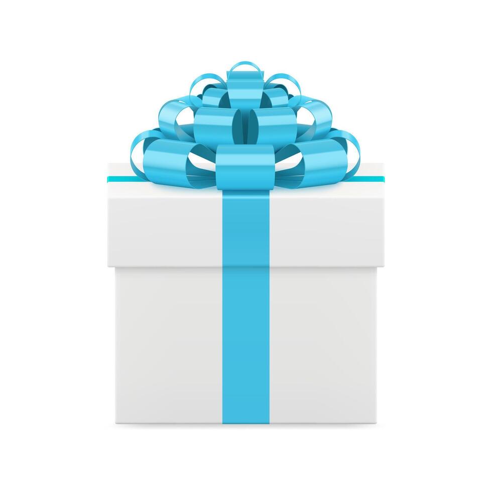 White squared gift box with elegant blue bow ribbon festive package 3d icon realistic vector
