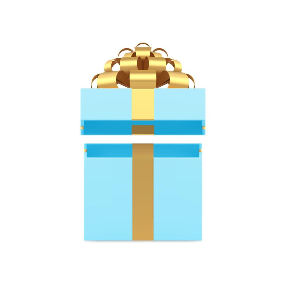 Elegant blue squared gift box with open lid golden bow ribbon holiday prize 3d icon realistic vector