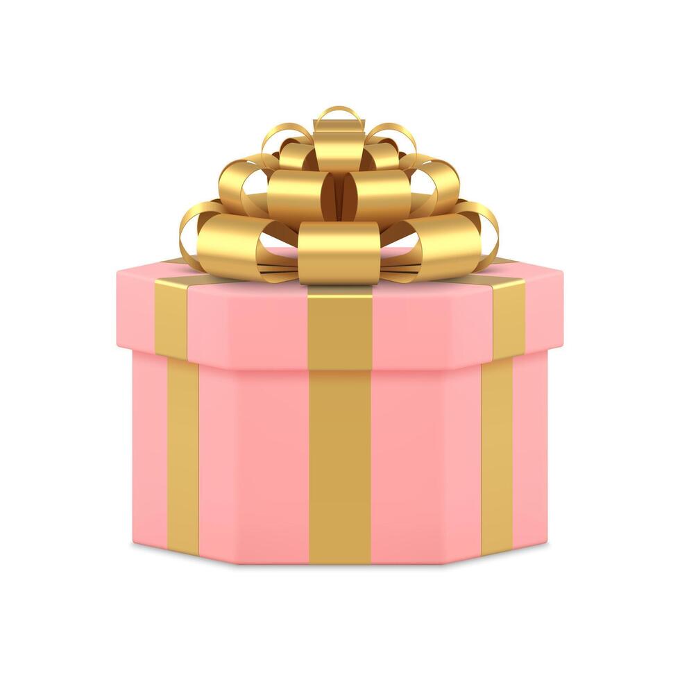 Pink hexagonal wrapped gift box with elegant golden bow ribbon holiday pack 3d icon realistic vector