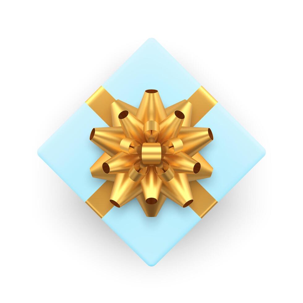 Elegant blue squared gift box with golden luxury bow ribbon top view 3d icon realistic vector
