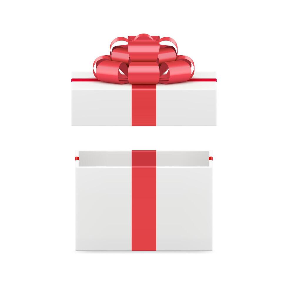 White elegant open gift box with luxury red bow festive present 3d icon realistic vector