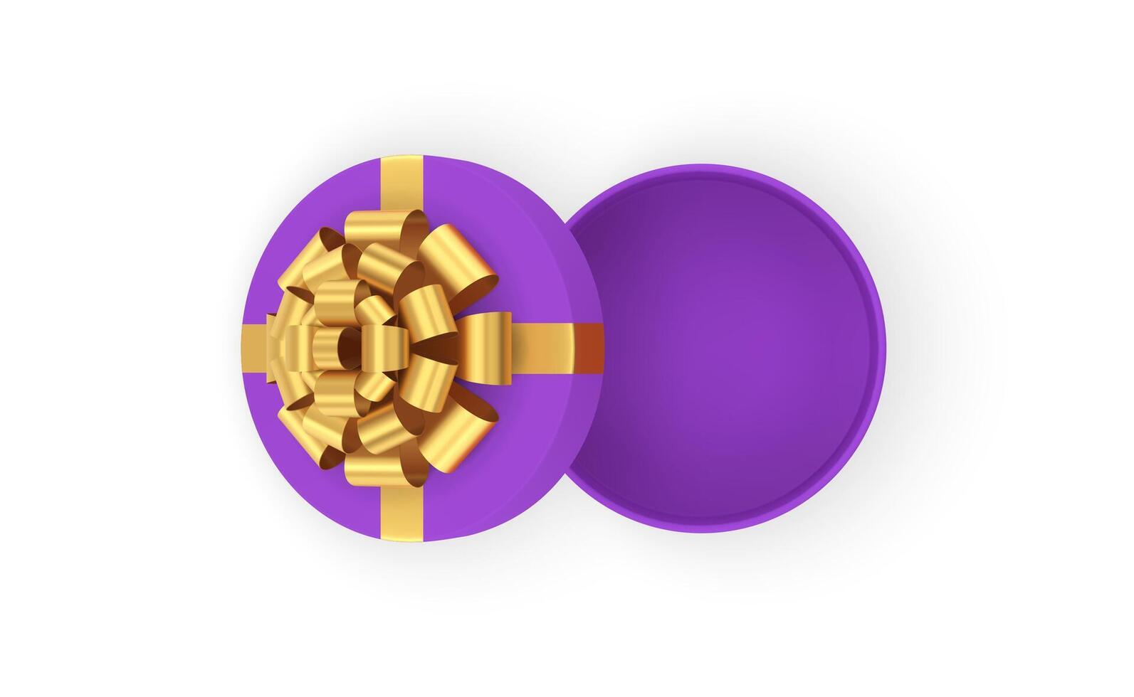 Elegant purple open empty gift box with luxury golden bow ribbon top view 3d icon realistic vector