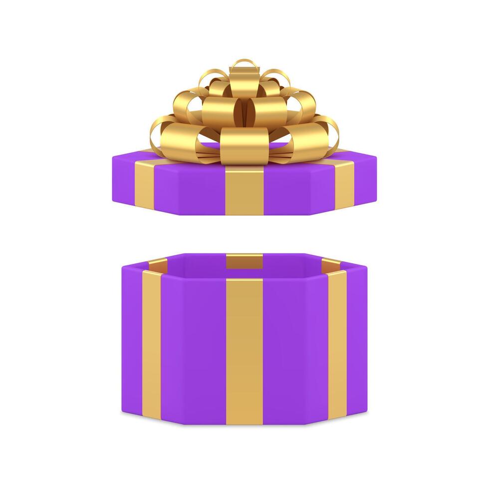 Violet open hexagonal gift box luxury golden bow ribbon festive surprise 3d icon realistic vector