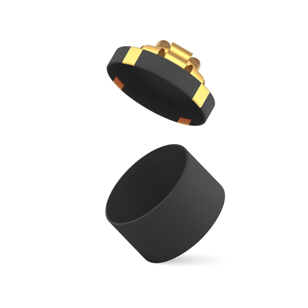 Black open circle gift box with flying lid and luxury golden bow ribbon 3d icon realistic vector