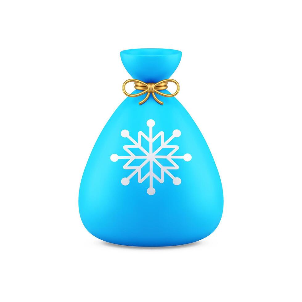 Realistic Christmas toy blue sack full of presents with snowflake image and golden tissue bow vector