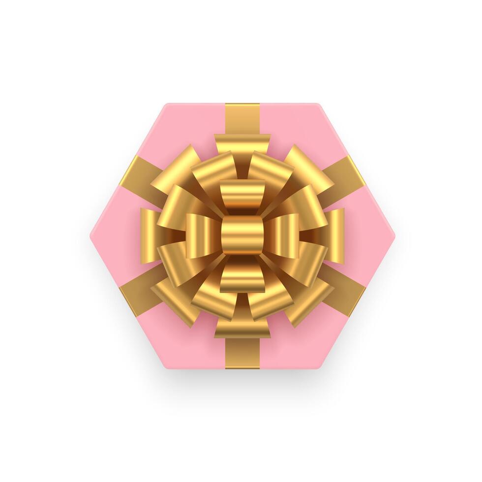 Pink hexagonal gift box with luxury bow ribbon feminine present top view 3d icon realistic vector