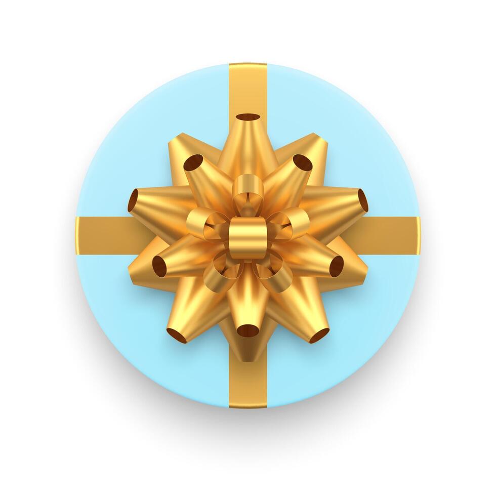 Blue elegant circle gift box with golden luxury bow ribbon top view 3d icon realistic vector