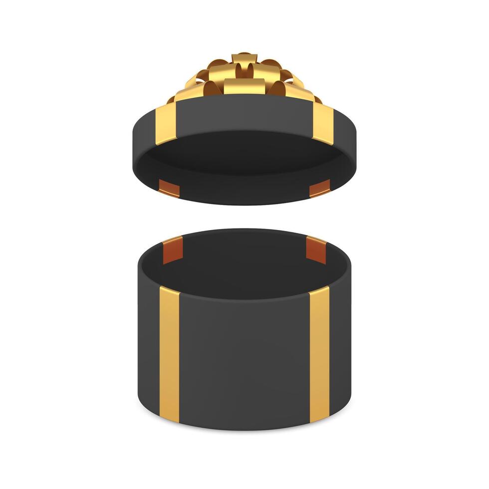 Stylish black open circle gift box with luxury bow ribbon festive prize 3d icon realistic vector