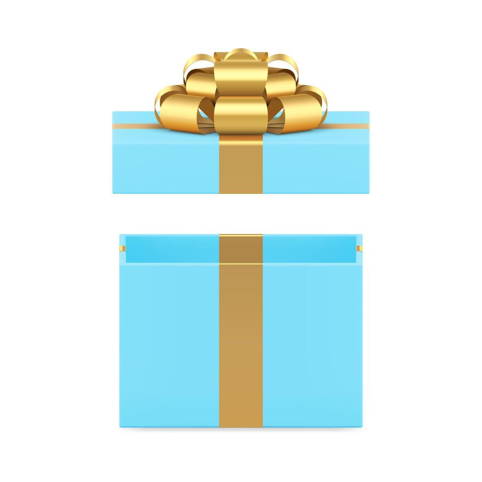 Blue wrapped open gift box rectangular pack with golden bow ribbon 3d icon realistic vector
