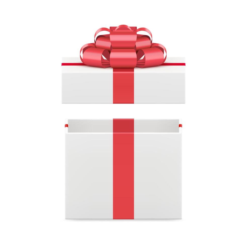 White wrapped rectangular gift box with luxury red bow ribbon 3d icon realistic illustration vector