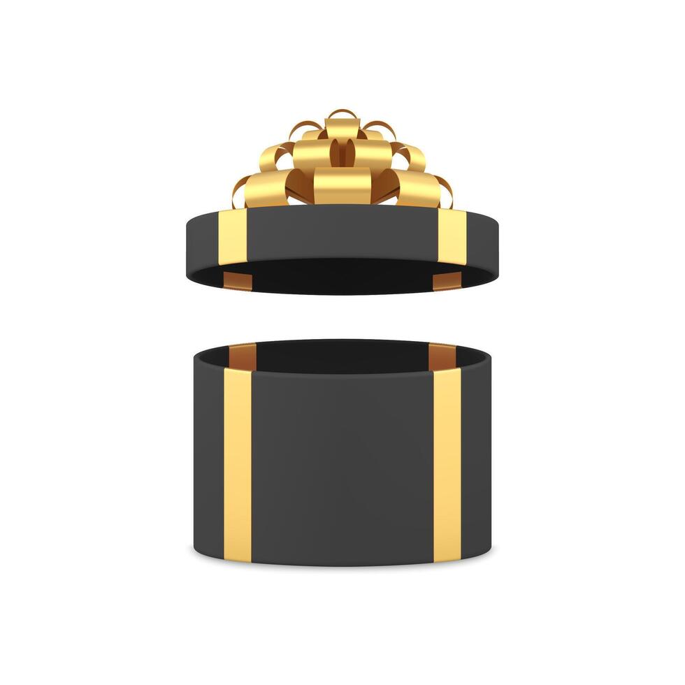 Black circle gift box open present package with luxury golden bow ribbon 3d icon realistic vector