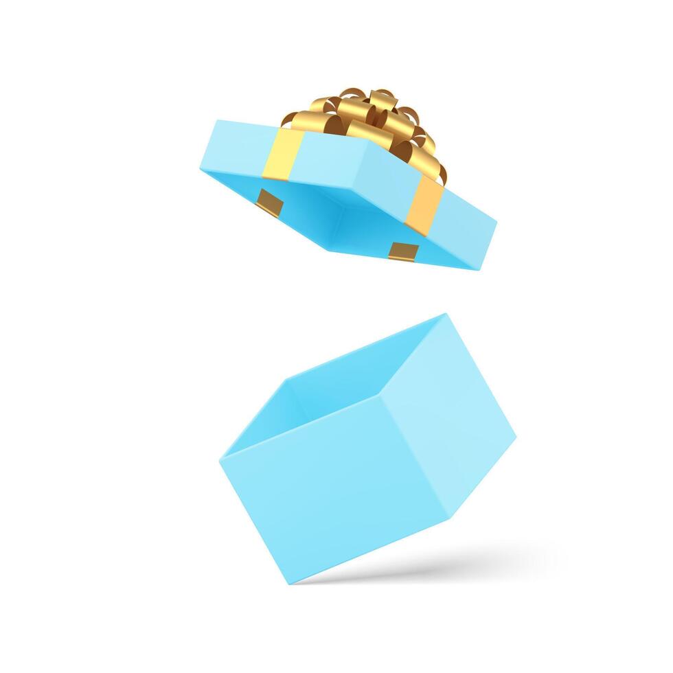 Cute blue squared gift box with open cap and golden bow ribbon 3d icon realistic illustration vector