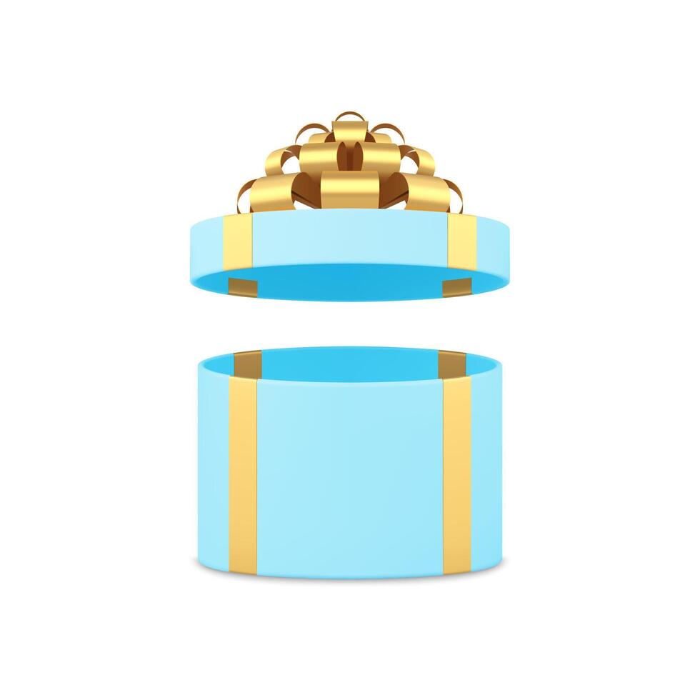 Blue circle open gift box with golden luxury bow ribbon 3d icon realistic illustration vector