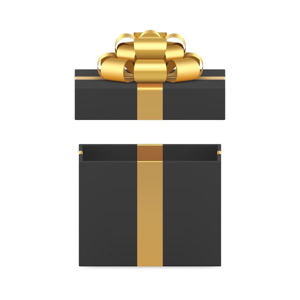 Black wrapped rectangular open gift box with luxury golden bow ribbon 3d icon realistic vector