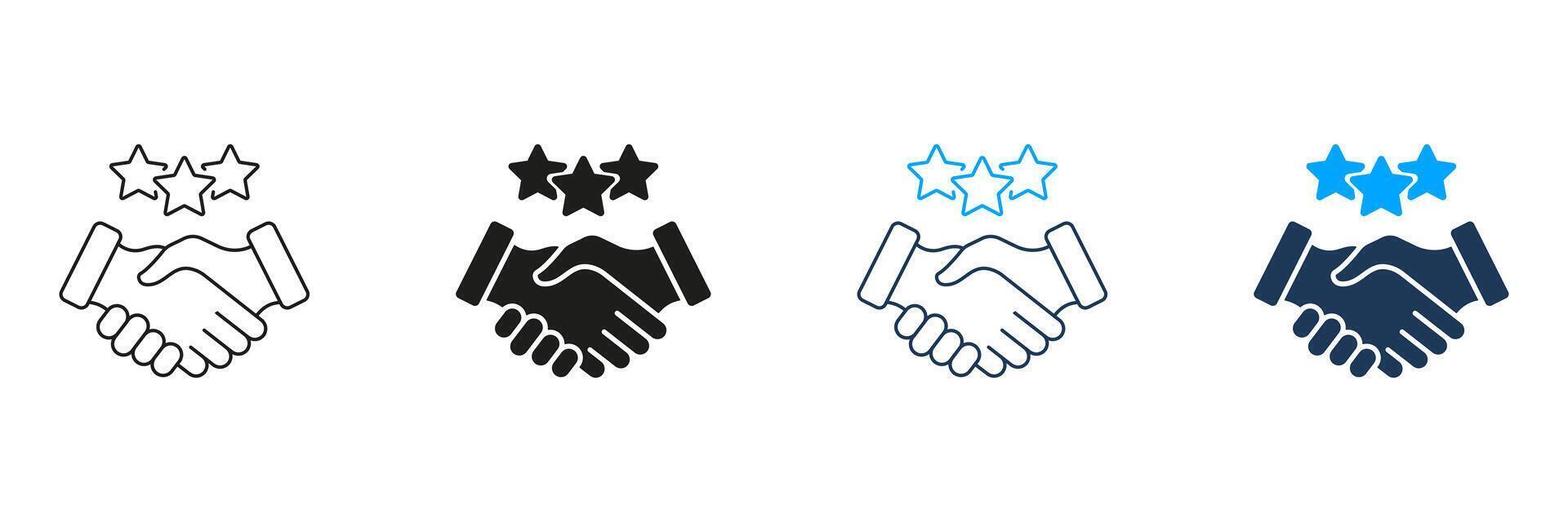 Handshake With Stars Pictogram. Best Partnership Line and Silhouette Icon Set. Client Review Symbol. Business Communication And Support. Editable Stroke. Isolated Illustration vector