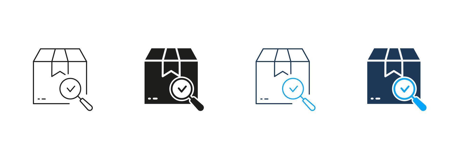 Carton Box with Magnifier and Checkmark Line and Silhouette Icon Set. Check Parcel Pictogram. Delivery Service Symbol. Editable Stroke. Isolated Illustration vector
