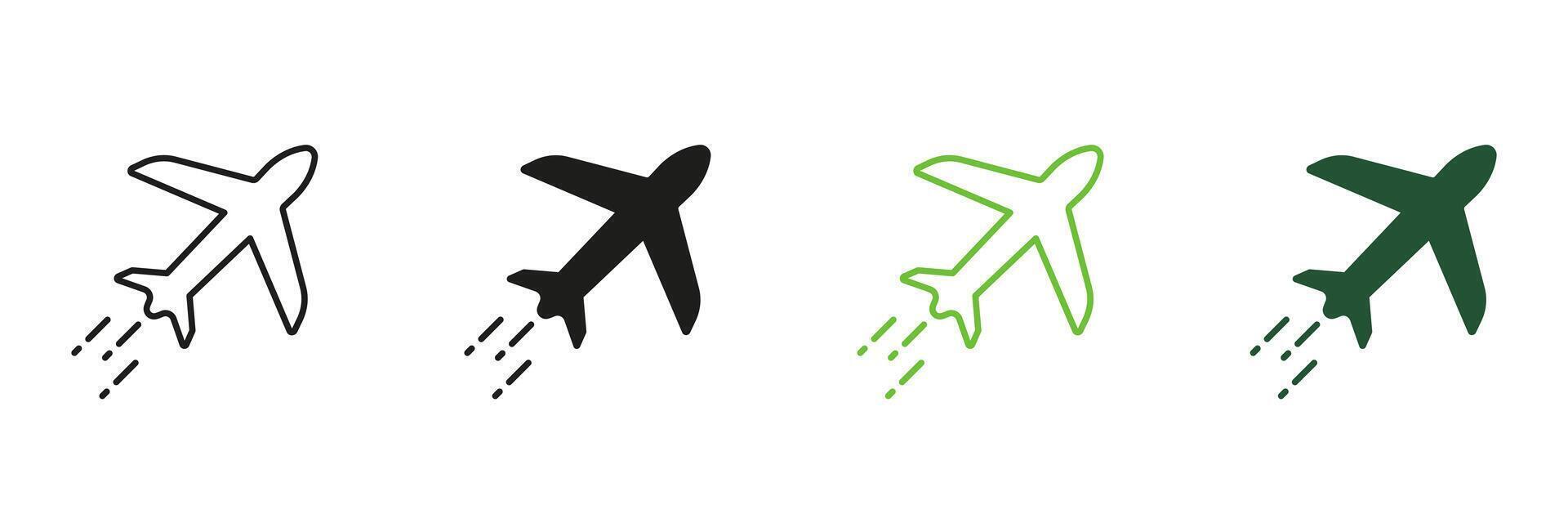 Plane Line and Silhouette Icon Set. Travel By Airplane Pictogram. Cargo, Fly Aircraft Symbol. Business Jet. Shipping Transportation. Editable Stroke. Isolated Illustration vector