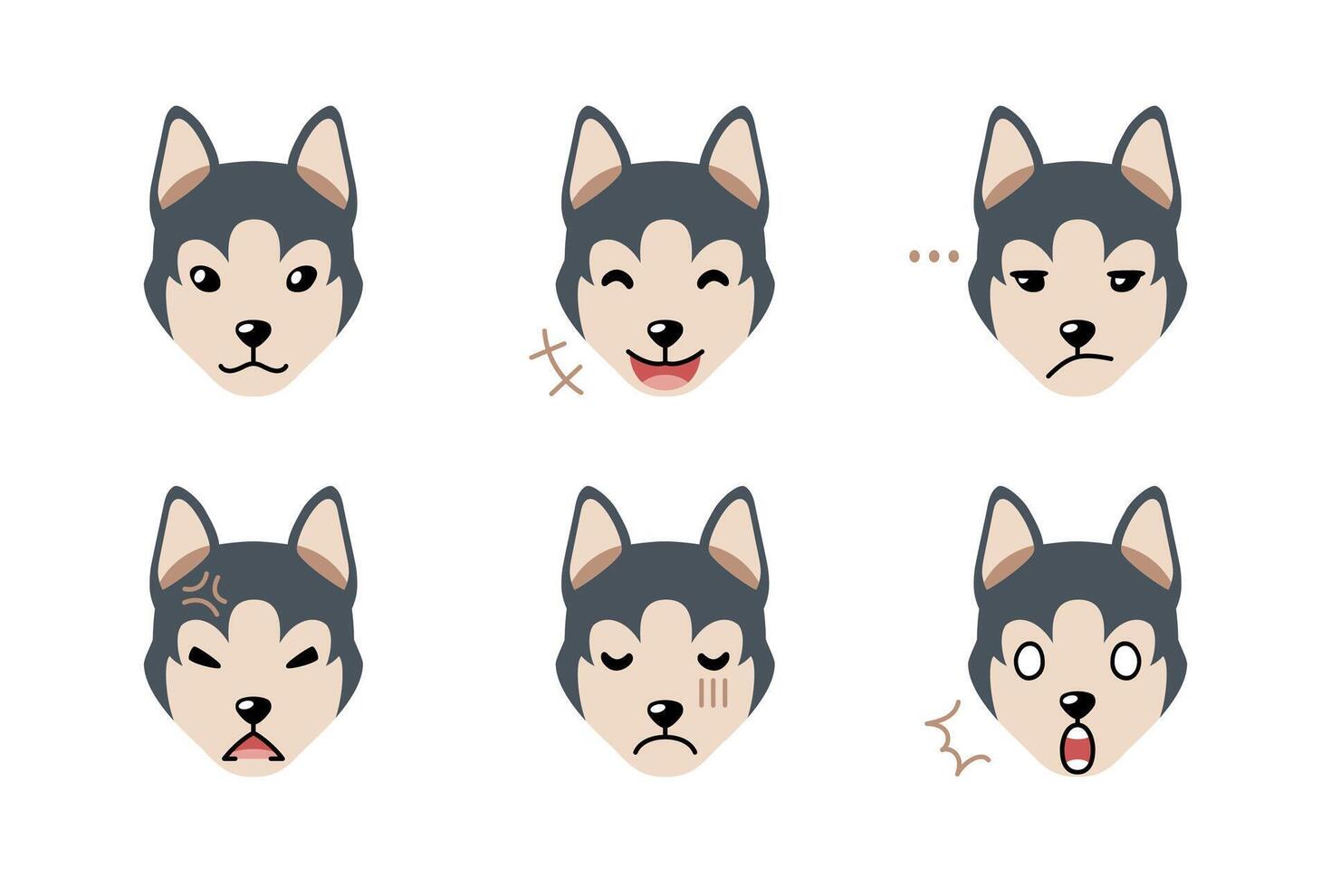 Set of cute character siberian husky dog faces showing different emotions vector