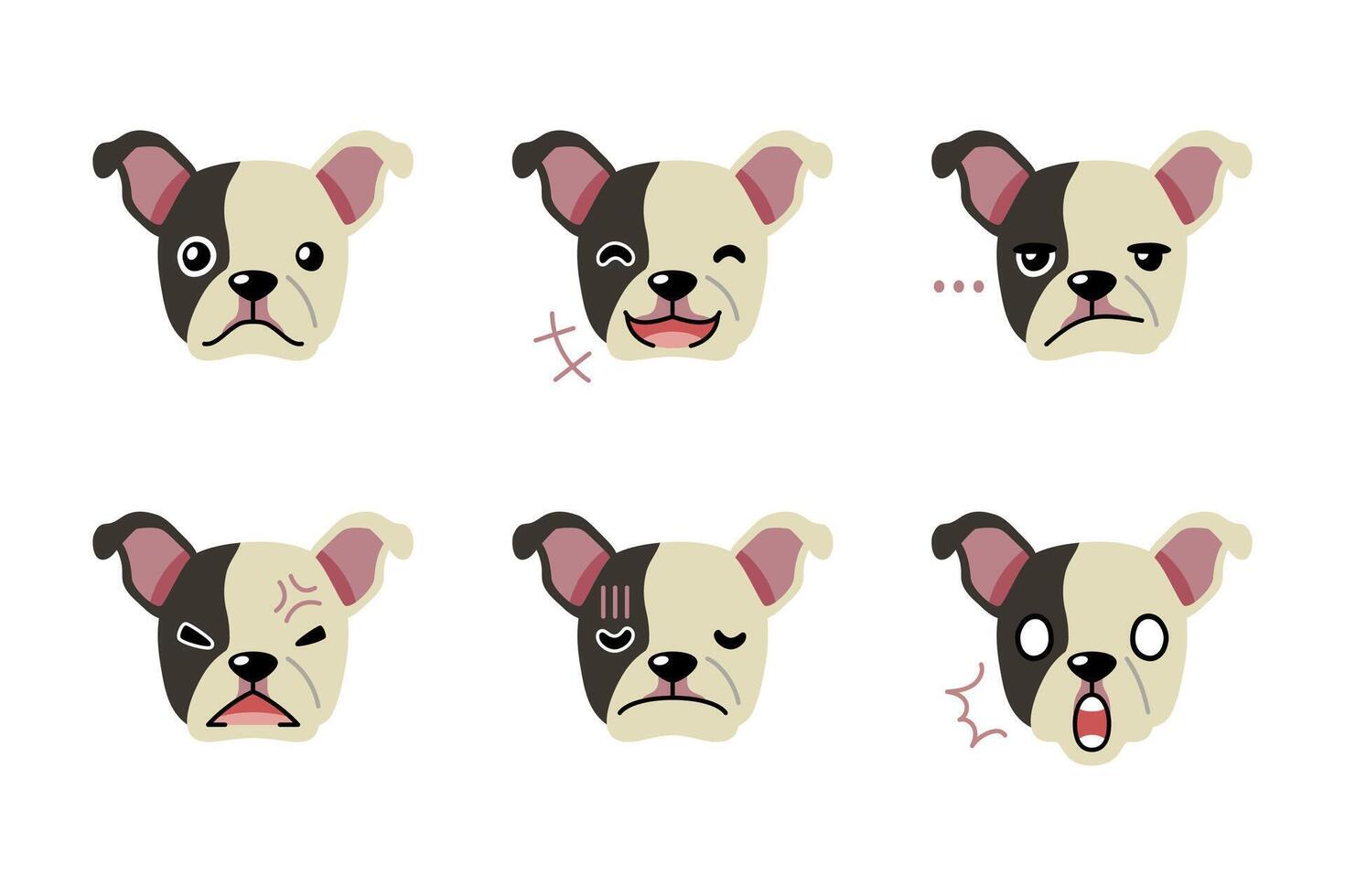 Set of character boston terrier dog faces showing different emotions vector
