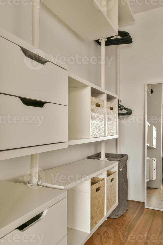 A white closet with drawers and shelves photo