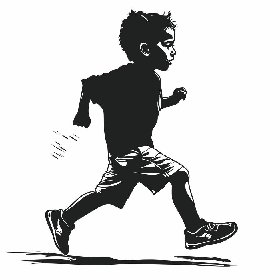 Silhouette of a young boy running, captured in a dynamic pose. vector