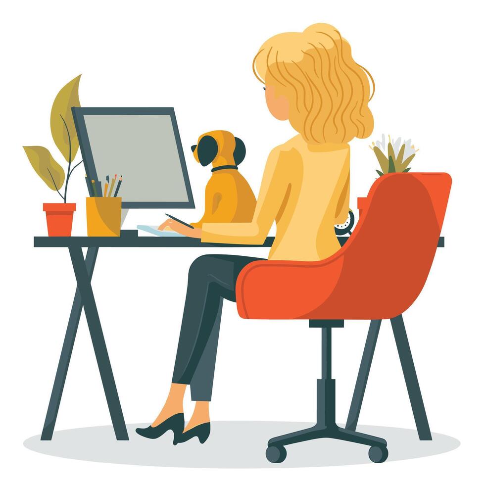 Blonde woman working from home with her dog, illustrating modern remote work lifestyle in a cozy home office setting. vector