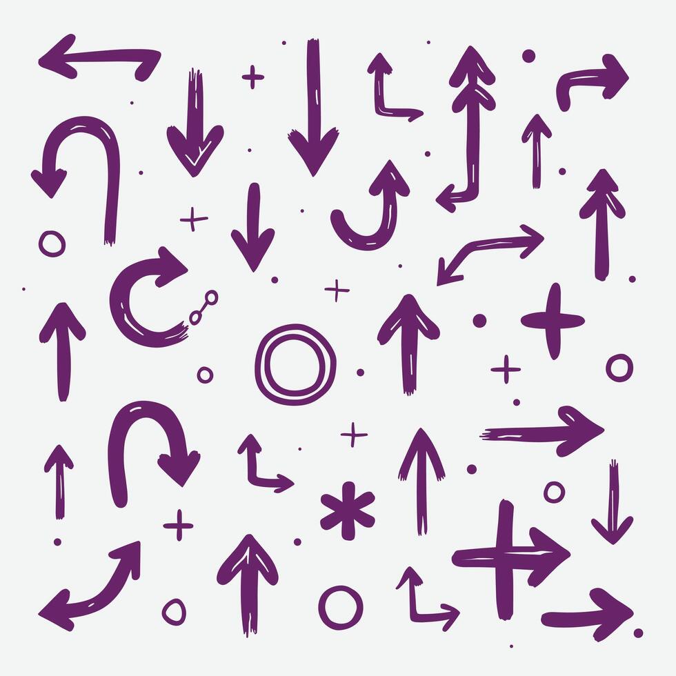 Purple hand-drawn arrows and symbols on a white background. vector