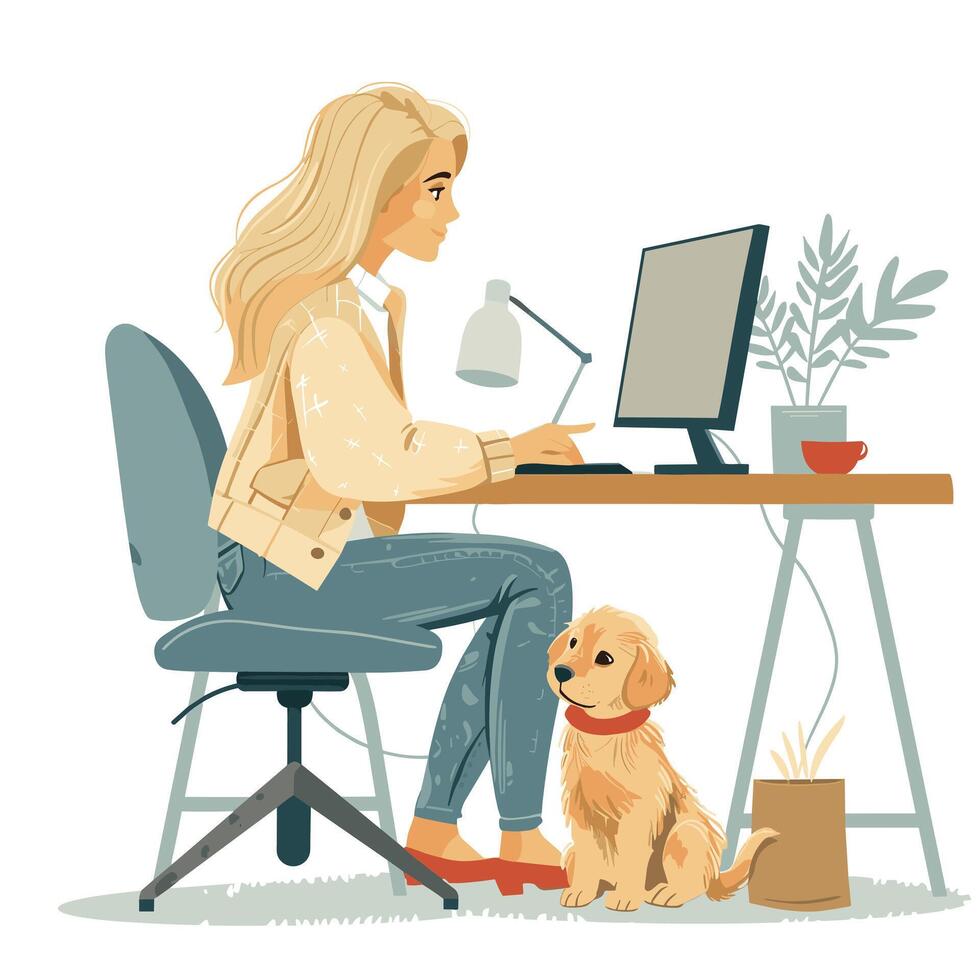 Illustrated woman working from home with her golden retriever puppy, showcasing modern remote work lifestyle and pet companionship. vector