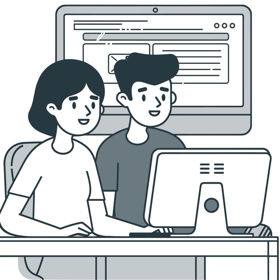 Cartoon illustration of two young people collaborating at a computer, with a larger display screen in the background. vector