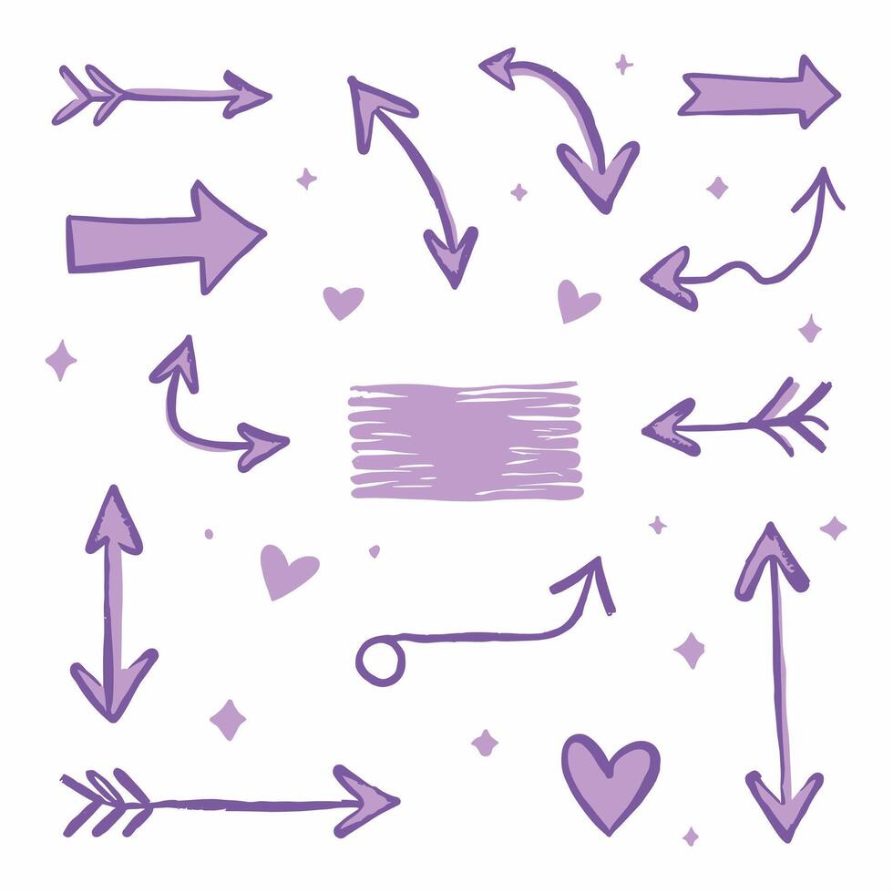 Hand-drawn purple arrows and hearts on a white background, showing various directions with playful elements. vector