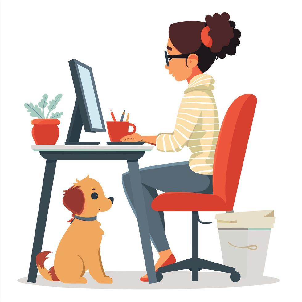 Woman working from home at desk with computer, accompanied by pet dog, illustrating modern remote work lifestyle vector