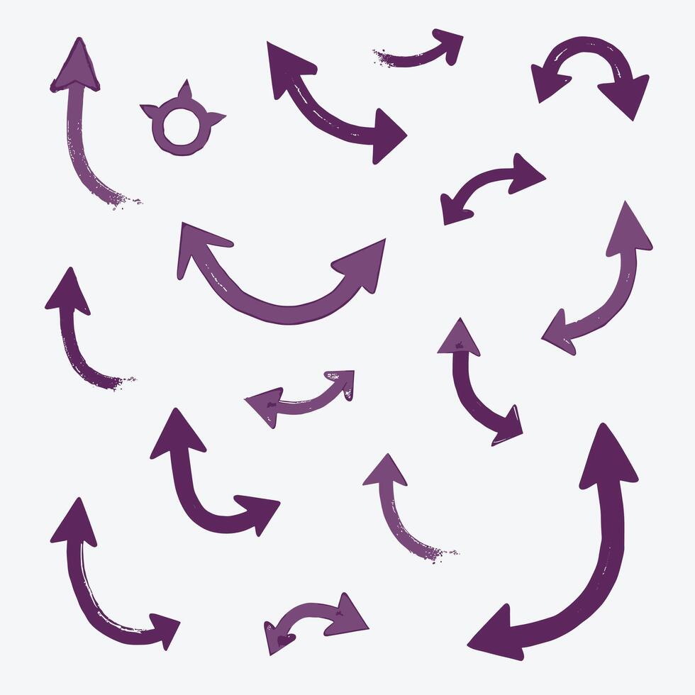 Set of various purple arrows with grunge texture on a white background. vector