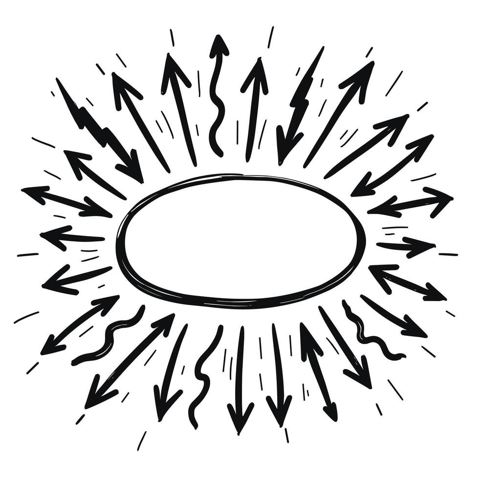 Black and white hand-drawn arrows and lines pointing toward a central oval frame. vector