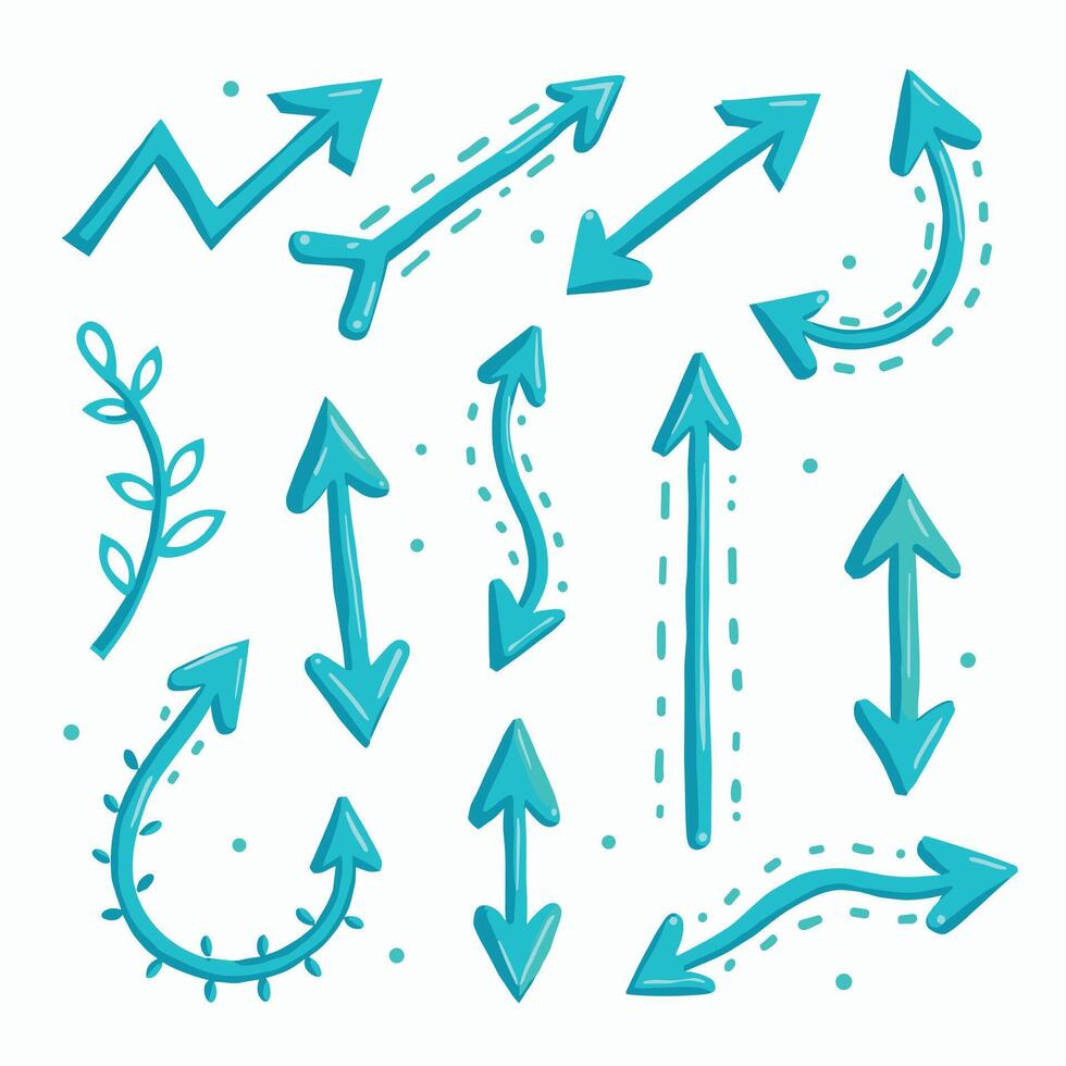 A set of blue hand-drawn arrows with various styles on a white background. vector