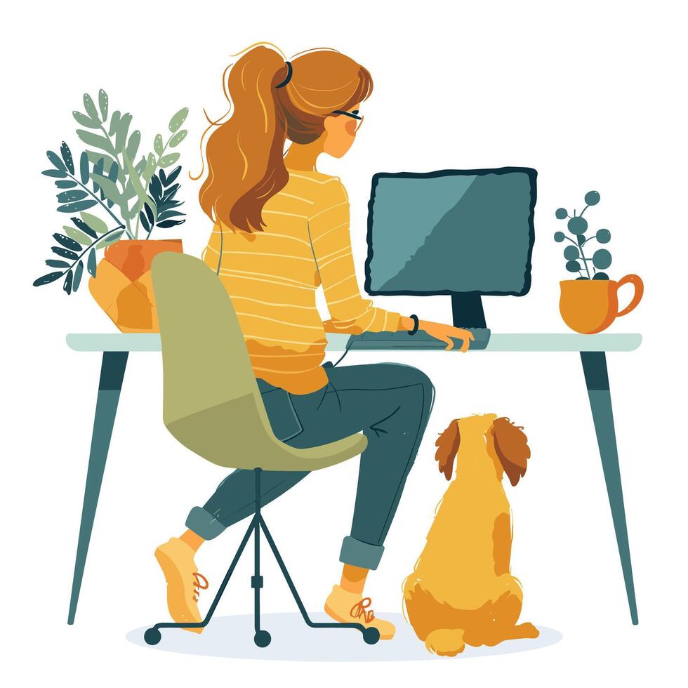 Woman in yellow striped top works at desk with computer, accompanied by loyal dog and decorative plants in cozy home office setting. vector