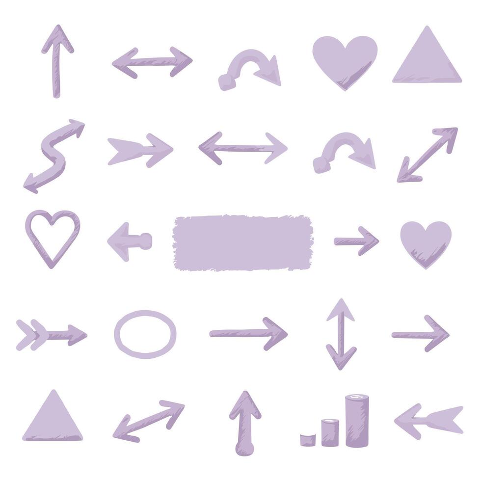 A collection of purple hand-drawn arrow, heart, triangle, and circle shapes on a white background. vector