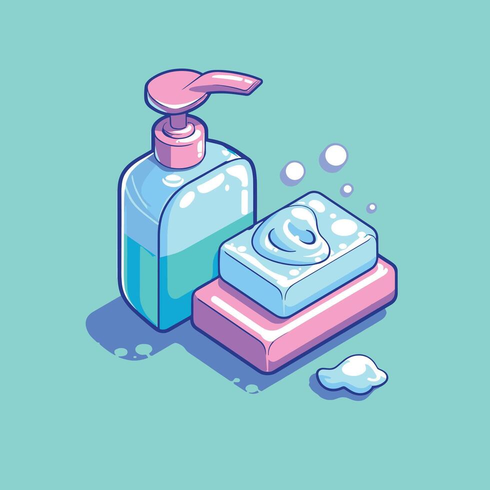 Vibrant cartoon illustration of soap dispenser and bar soap on pastel background, emphasizing personal hygiene and cleanliness. vector