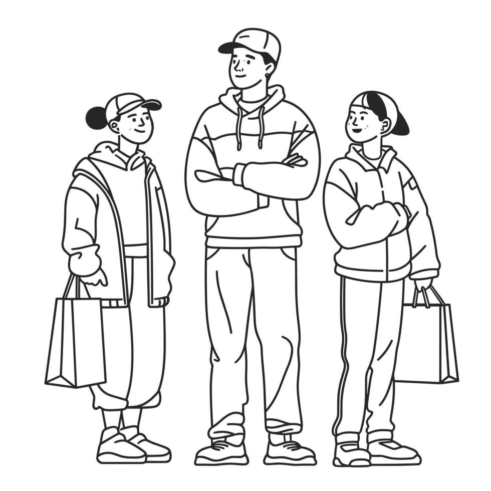 handdrawn illustration of three casual figures standing together, depicting youth, fashion, and urban lifestyle. vector
